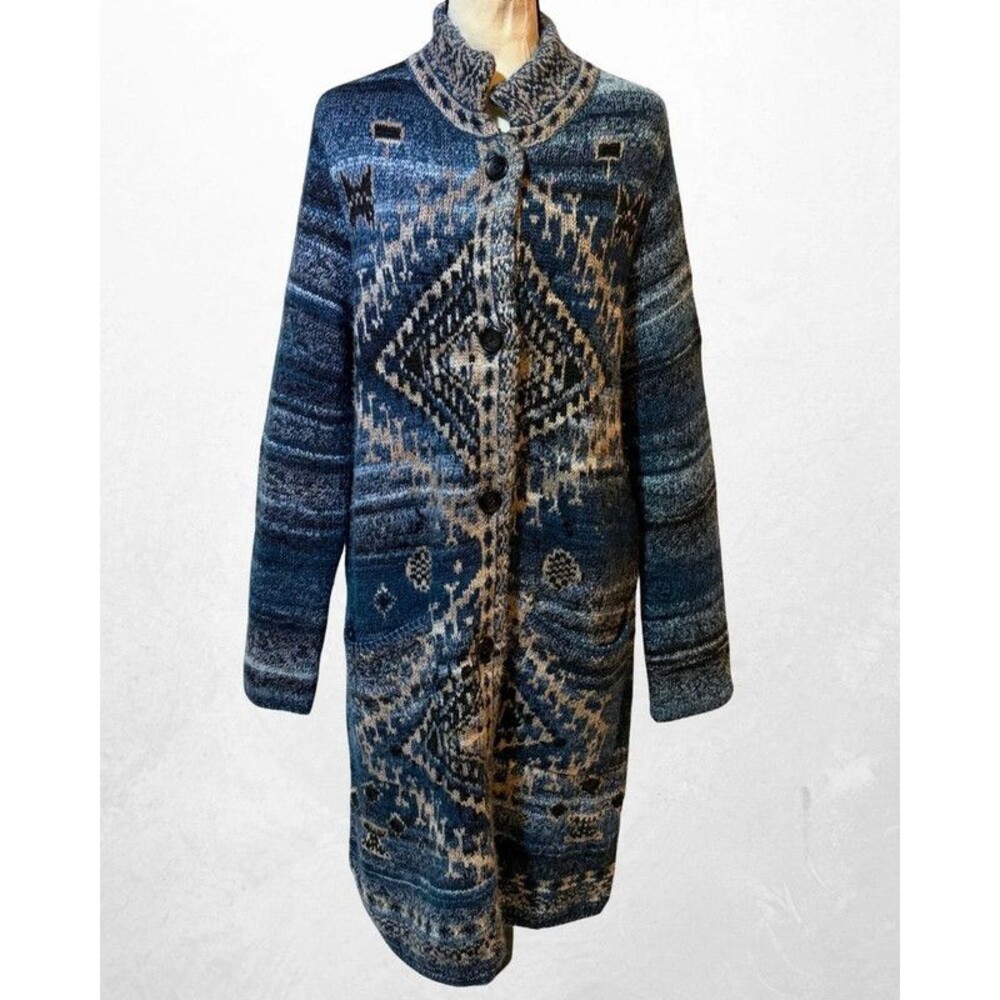 J Jill Blue Tan Aztec Print Long Sweater Coat Size M Wool Blend Duster